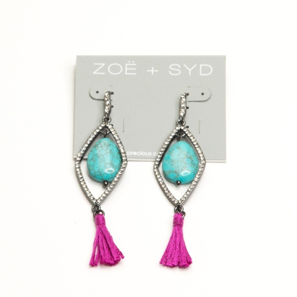 🌺 Zoe + Syd Turquoise Pink Tassel Drop Earrings - Picture 1 of 4